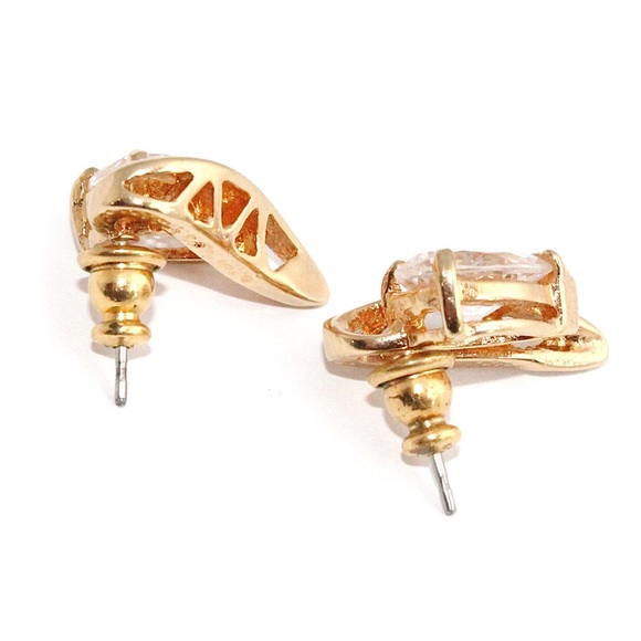 Estate Cubic Zirconia Teardrop Stud Earrings Gold Plated Half Heart Pear Crystal - Picture 3 of 3